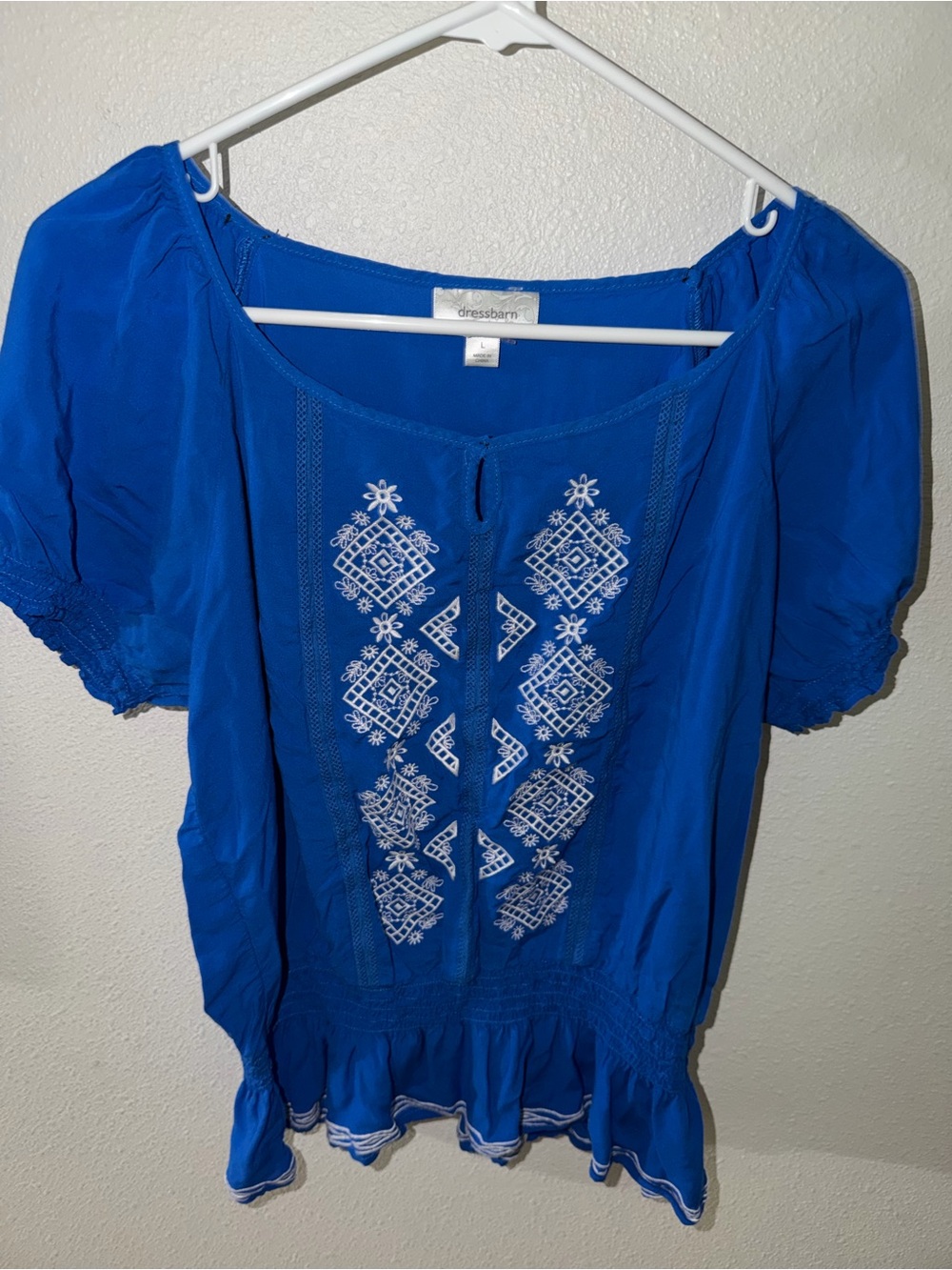 Dress Barn Royal Blue Embroidered Peasant Blouse - Picture 2 of 6